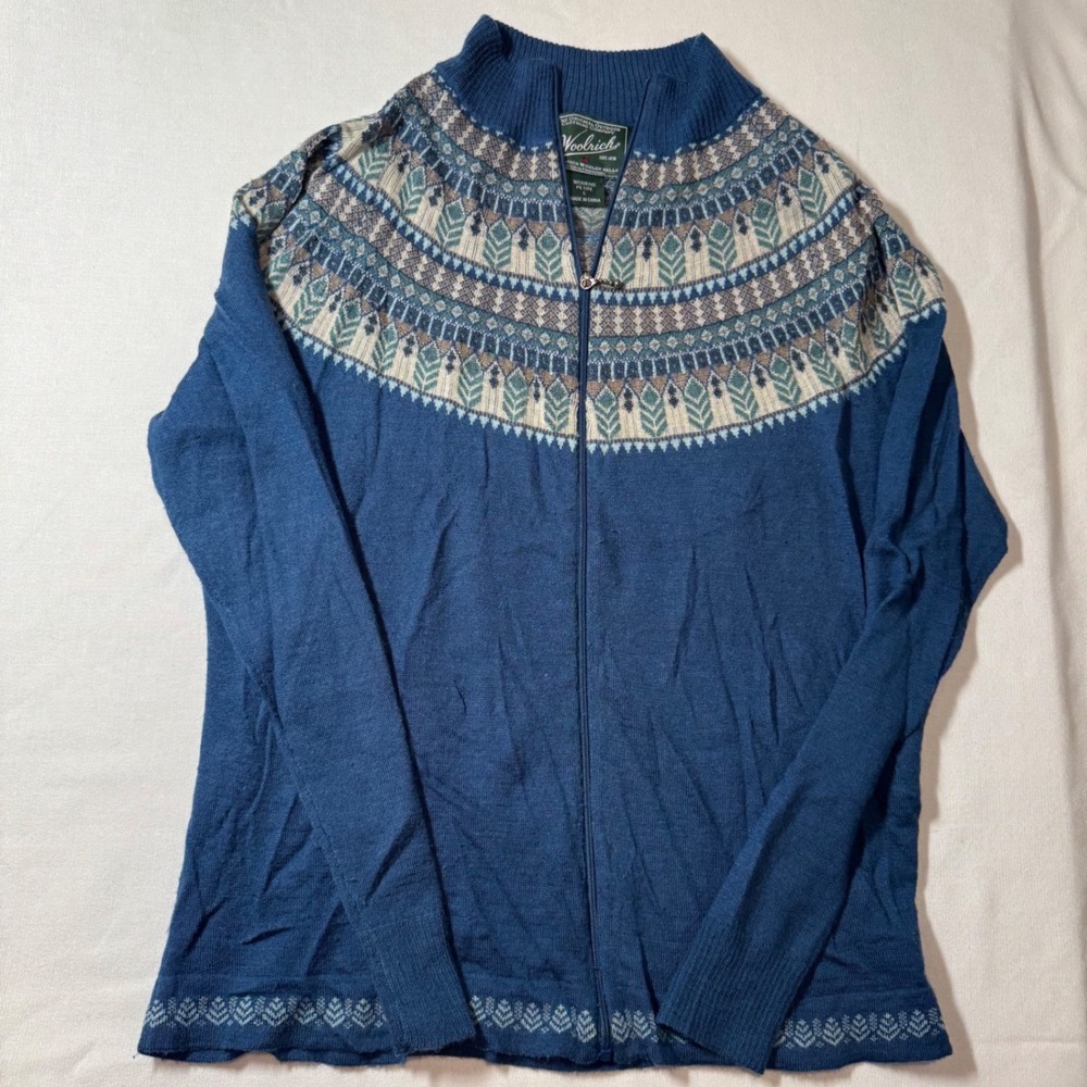 Woolrich Womens Petite L Fair Isle Full Zip Lightweight Sweater Blue Winter Fall